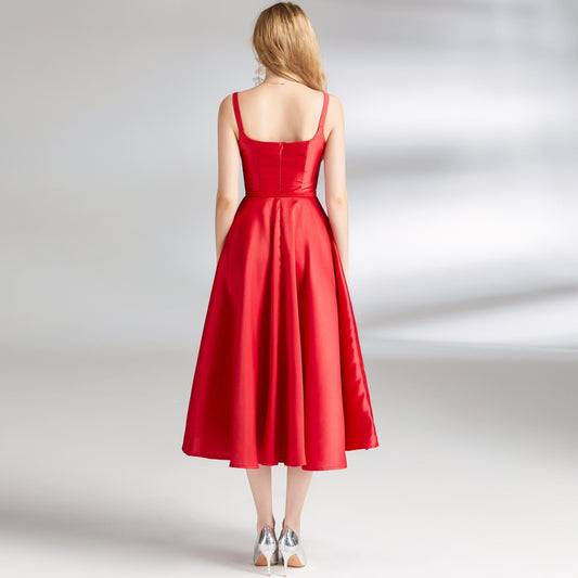 CM-DY009846 Women Elegant European Style Sling Pinched Waist With Belt Slim Dress - Red