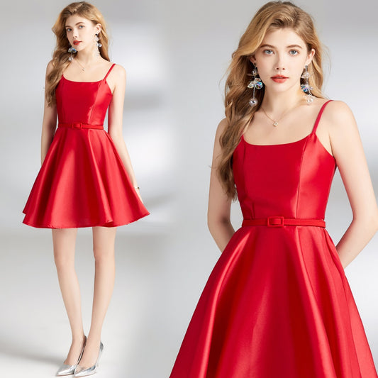 CM-DY009848 Women Elegant European Style Straps Sleeveless Slim Dress With Belt - Red