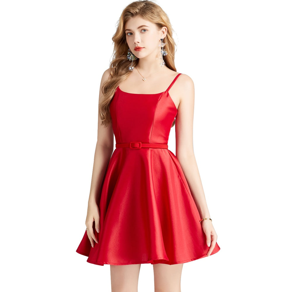 CM-DY009848 Women Elegant European Style Straps Sleeveless Slim Dress With Belt - Red
