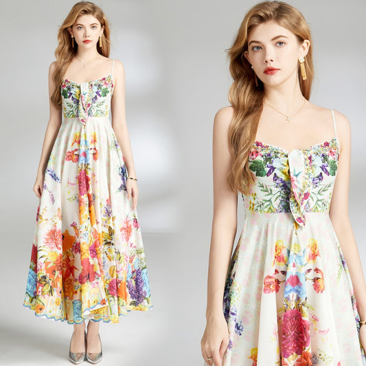 CM-DY009850 Women Elegant European Style Halter Sleeveless Sling Printing Long Dress
