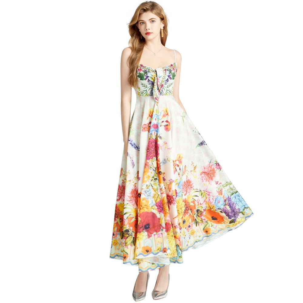 CM-DY009850 Women Elegant European Style Halter Sleeveless Sling Printing Long Dress