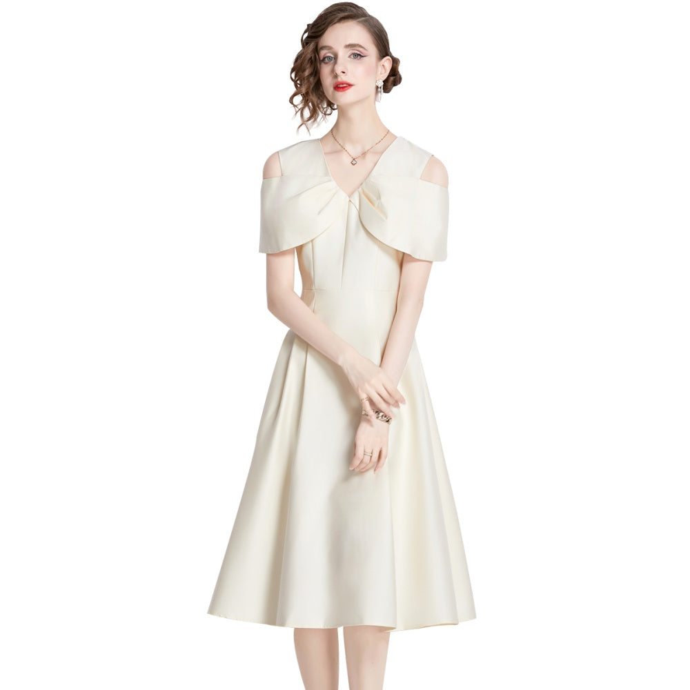 CM-DY009860 Women Elegant European Style V-Neck Short Sleeve Slim Dress -Apricot
