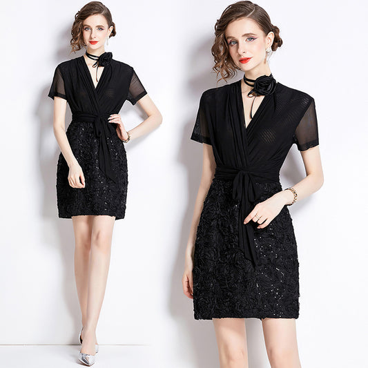 CM-DY009885 Women Elegant Euroepan Style V-Neck Short Sleeve Slim Sequins Mini Dress - Black