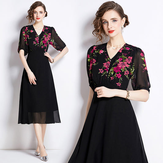 CM-DY009887 Women Elegant Euroepan Style V-Neck Half Sleeve High Waist Slim Dress - Black