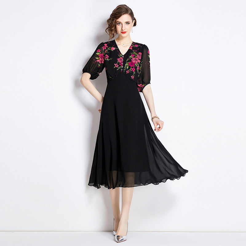 CM-DY009887 Women Elegant Euroepan Style V-Neck Half Sleeve High Waist Slim Dress - Black