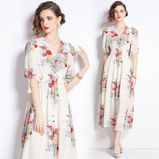 CM-DY009889 Women Elegant Euroepan Style Floral Puff Sleeve Pinched Waist Floral Dress