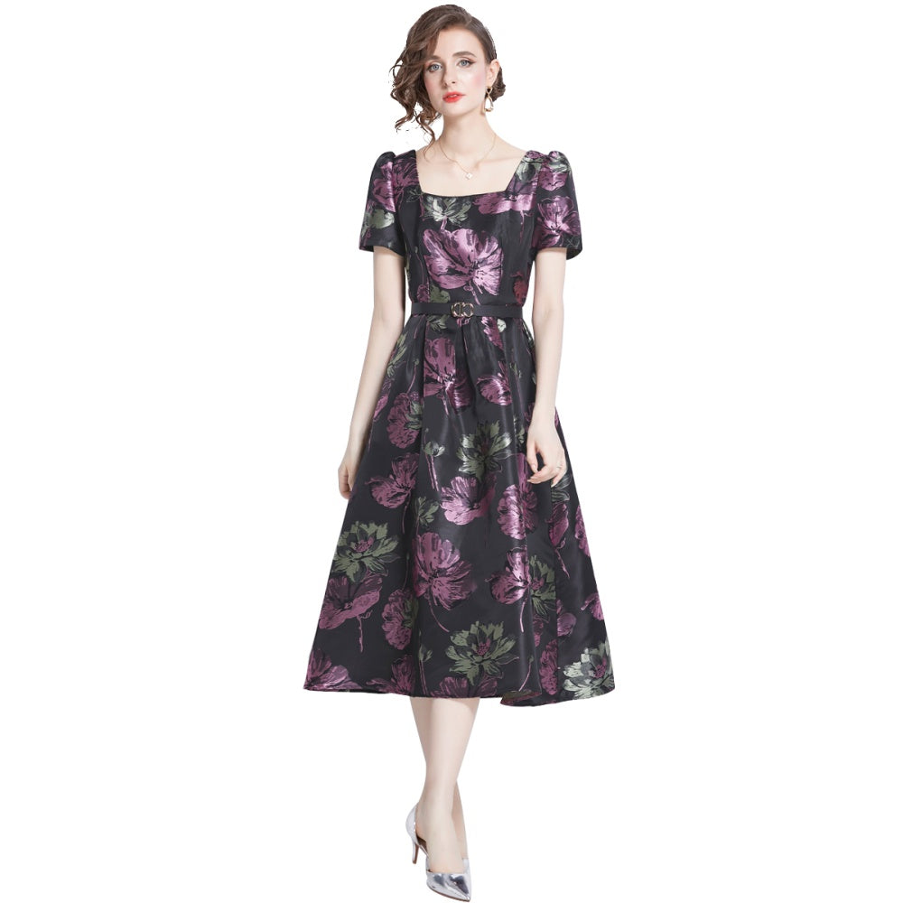 CM-DY009890 Women Elegant European Style Square Collar Short Sleeve Jacquard Dress - Purple