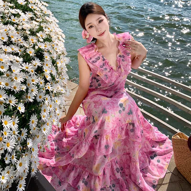 CM-DY009907 Women Trendy Bohemian Style V-Neck Sleeveless Floral Long Dress