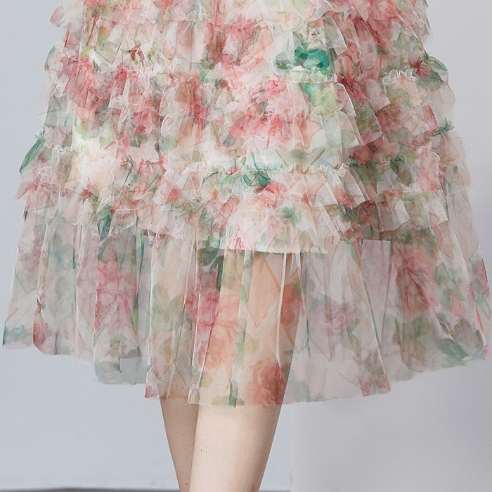 CM-DY010184 Women Elegant European Style Floral Gauze Off the Shoulder High Waist Mid-Length Dress - Apricot