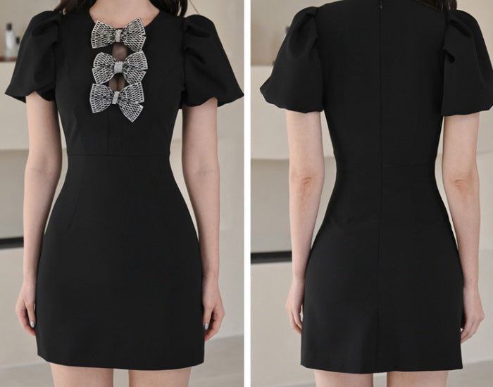 CM-DY010872 Women Elegant Seoul Style Bow Round Neck Short Sleeve Slim Mini Dress - Black
