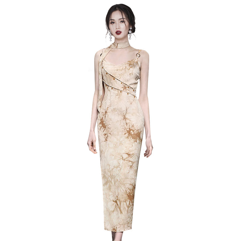CM-DY010879 Women Elegant European Style Spaghetti Strap Sleeveless Slit Dress