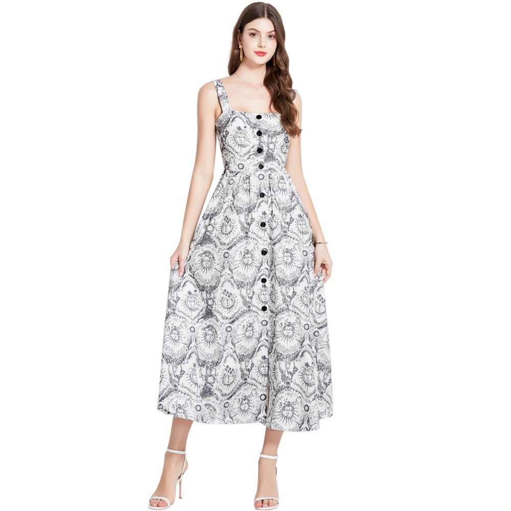 CM-DY011005 Women Retro European Style Sleeveless Single-Breasted Sling Maxi Dress