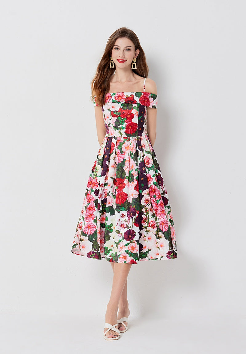 CM-DY011076 Women Elegant European Style Off Shoulder Floral Print High Waist Midi Dress