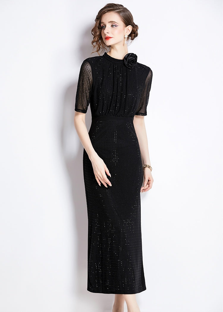 CM-DY011093 Women Elegant European Style Stand Collar Floral Rhinestone Decor Midi Dress