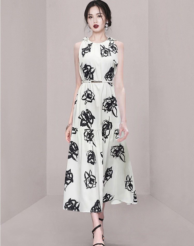 CM-DY011899 Women Elegant European Style Round Neck Sleevless Belted Mid-Length Dress