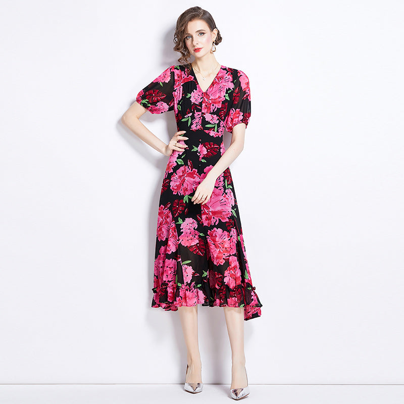 CM-DY012155 Women Elegant European Style Chiffon V-Neck Short Sleeve Midi Dress