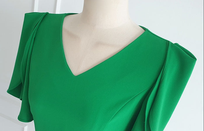 CM-DY014563 Women Casual Seoul Style V-Neck Short Sleeve Midi Dress - Green