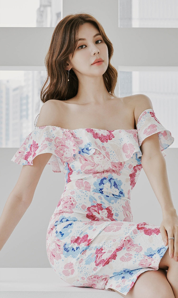 CM-DY014586 Women Casual Seoul Style Floral Print Off the Shoulder Midi Dress