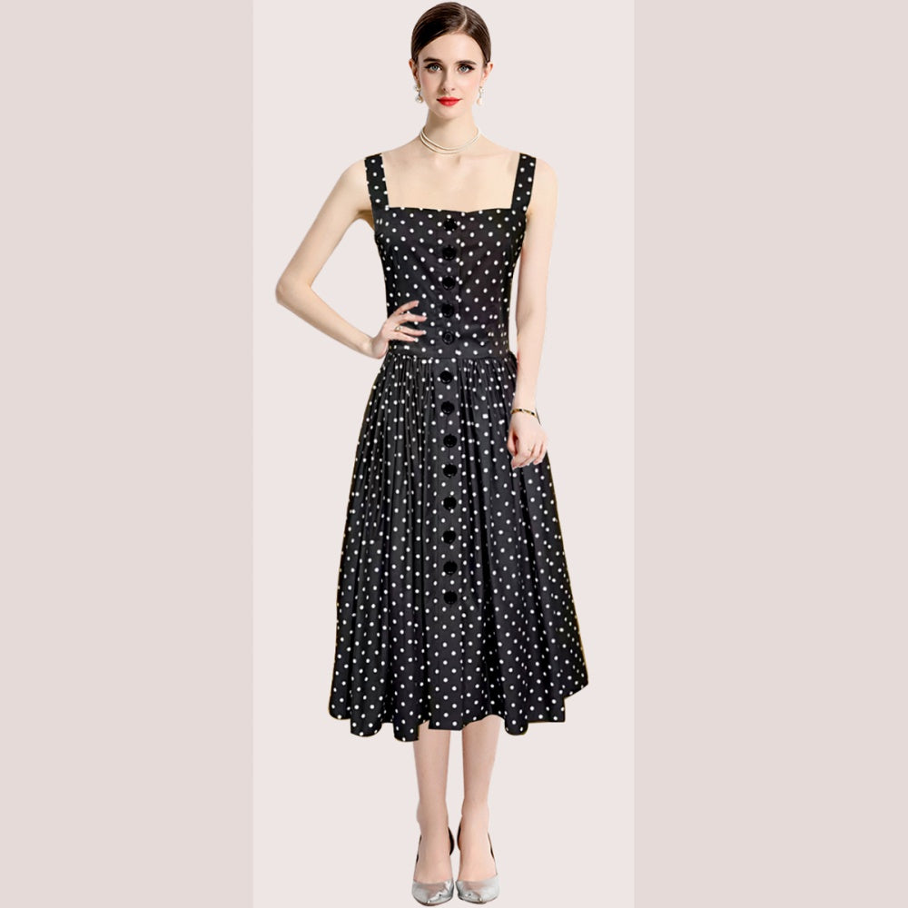 CM-DY015441 Women Elegant European Style Square Neck Sleeveless Polka Dot Slim A-Line Dress