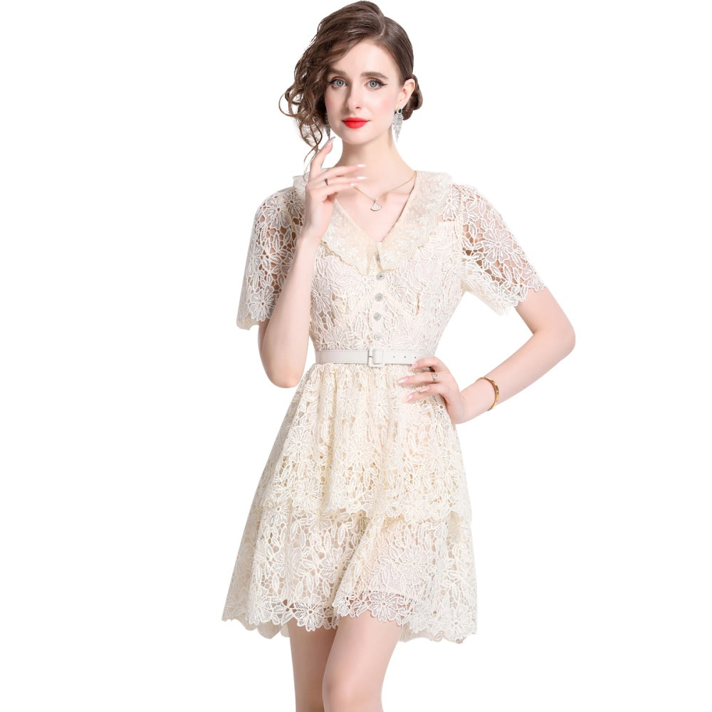 CM-DY015735 Women Elegant European Style V-Neck Lace Short Sleeve Mini Dress - Apricot