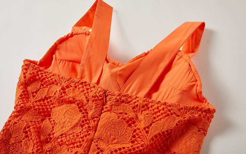 CM-DY015751 Women Elegant European Style V-Neck Sleeveless Lace Dress - Orange
