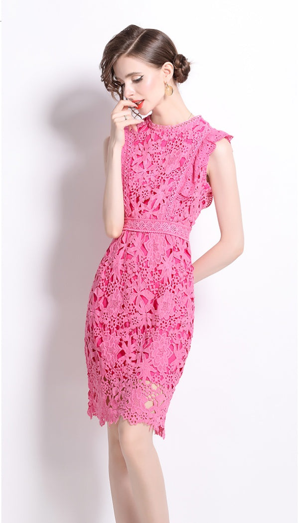 CM-DY015808 Women Elegant European Style Round Neck Sleeveless Lace Midi Dress - Rose Red