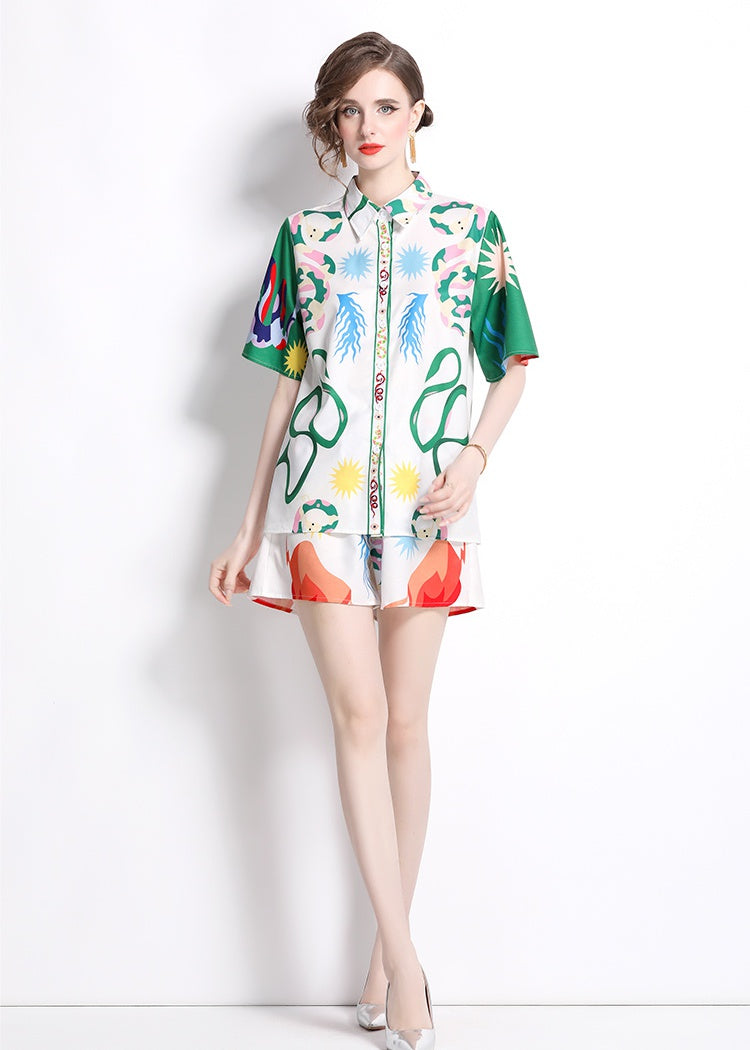 CM-SY016220 Women Casual European Style All-Over Print Lapel Neckline Short Sleeve Shirt With Shorts - Set