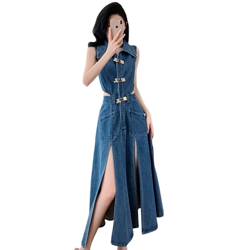 CM-DY016390 Women Casual European Style Collar Neckline Split Sleeveless Denim Dress - Blue