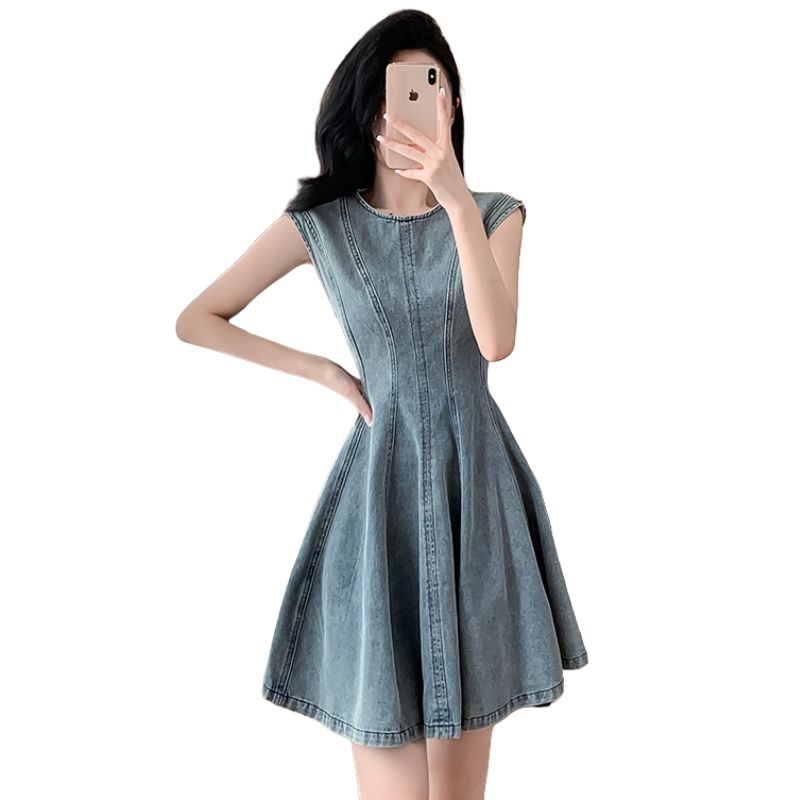 CM-DY016391 Women Casual European Style Round Neck Sleeveless Mini Denim Dress - Blue