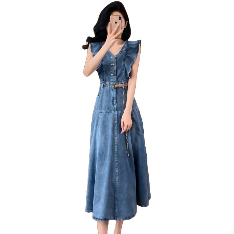 CM-DY016394 Women Casual European Style V-Neck Sleeveless Long Dress - Blue