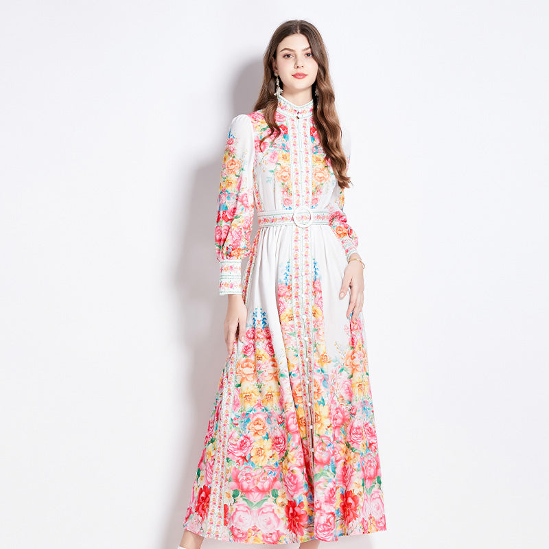 CM-DY016431 Women Elegant European Style Floral Stand Collar Long Sleeve Maxi Dress - Apricot