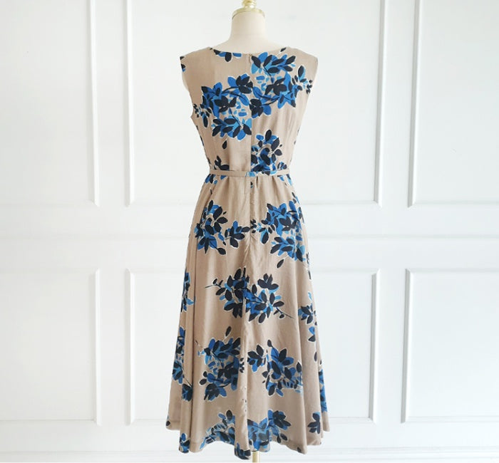 CM-DY016743 Women Casual Seoul Style Round Neck Sleeveless Pinched Waist Long Dress