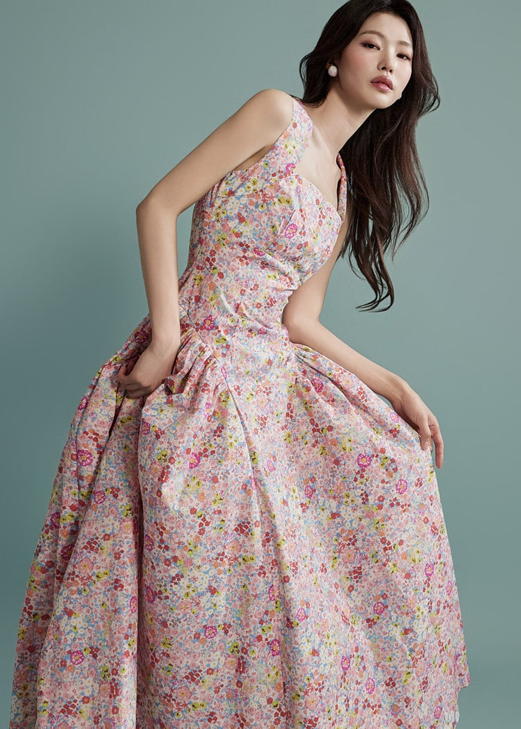 CM-DY016765 Women Elegant Seoul Style Floral Print Sleeveless Long Ruffle Dress