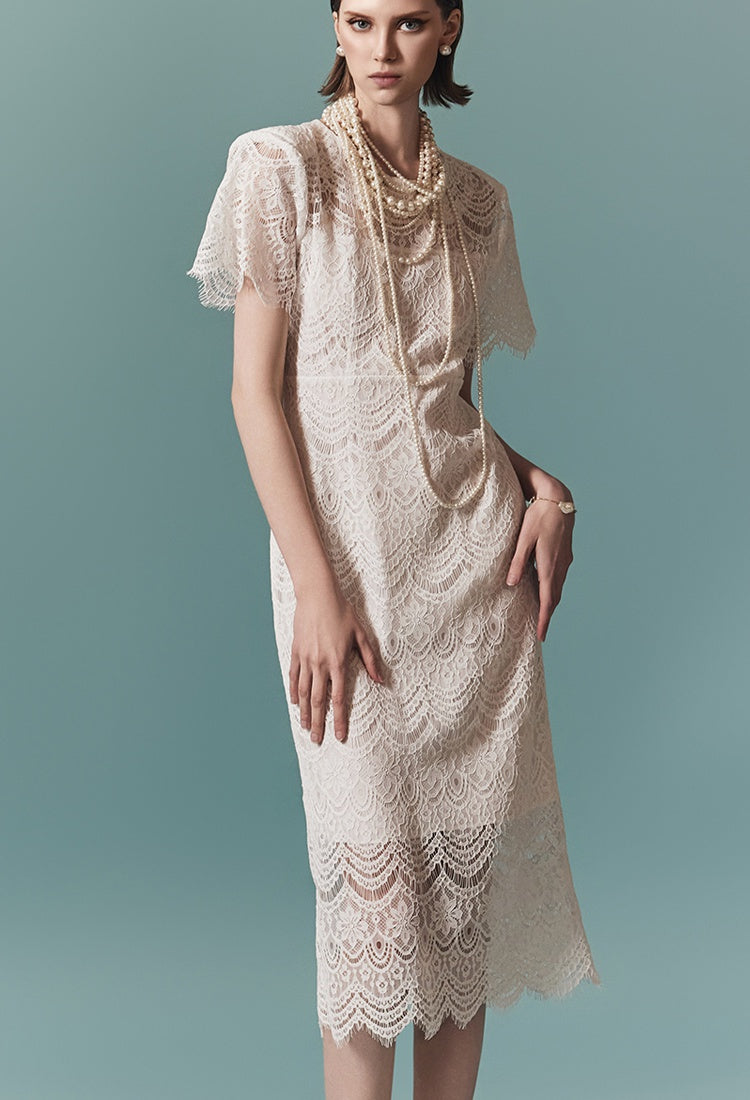 CM-DY016766 Women Elegant Seoul Style Round Neck Short Sleeve Midi Dress