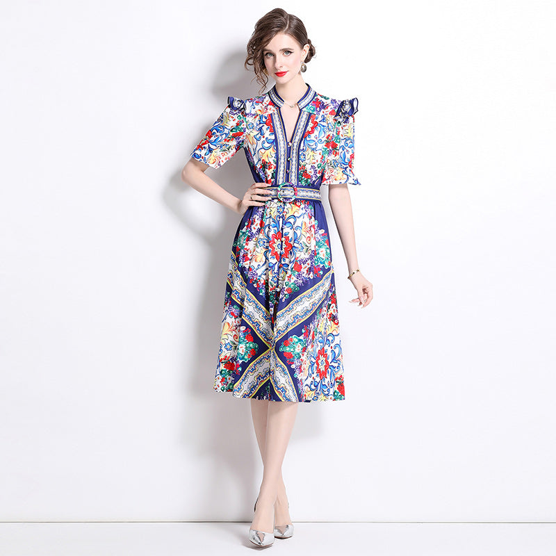 CM-DY016773 Women Elegant European Style Stand Collar Puff Sleeve Single-Breasted Midi Dress