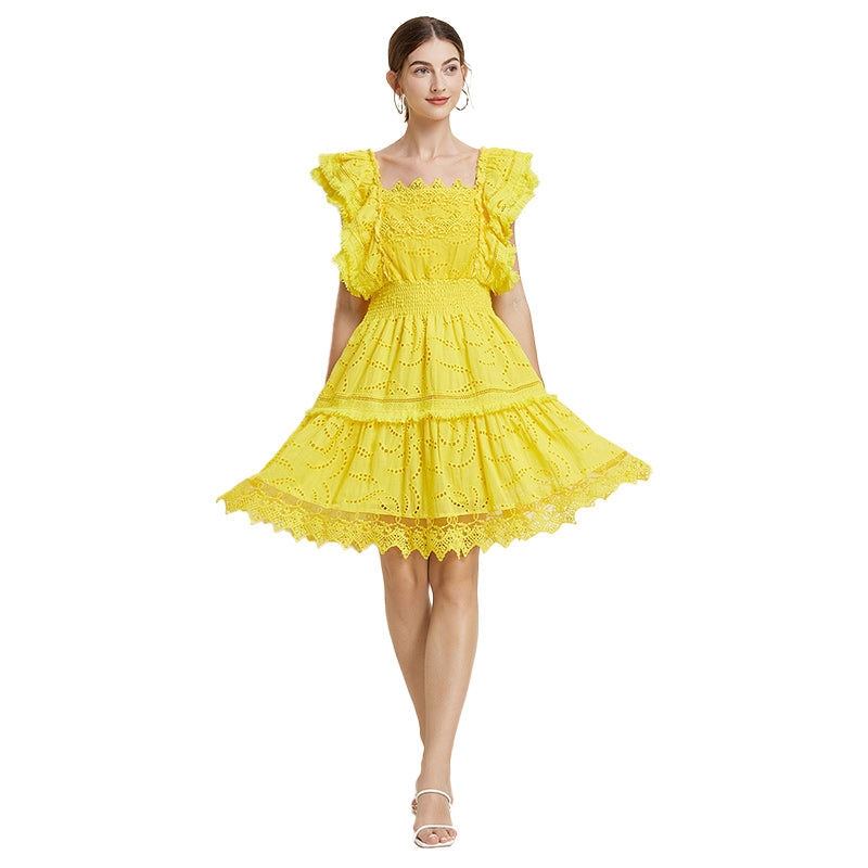 CM-DY016886 Women Elegant Euuropean Style Lace Square Collar Short Sleeve Midi Dress - Yellow