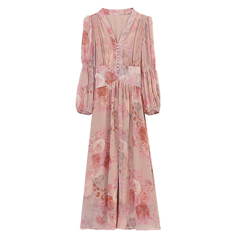 CM-DY019291 Women Trendy Bohemian Style Floral Print V-Neck Lantern Sleeve Mid-Length Dress