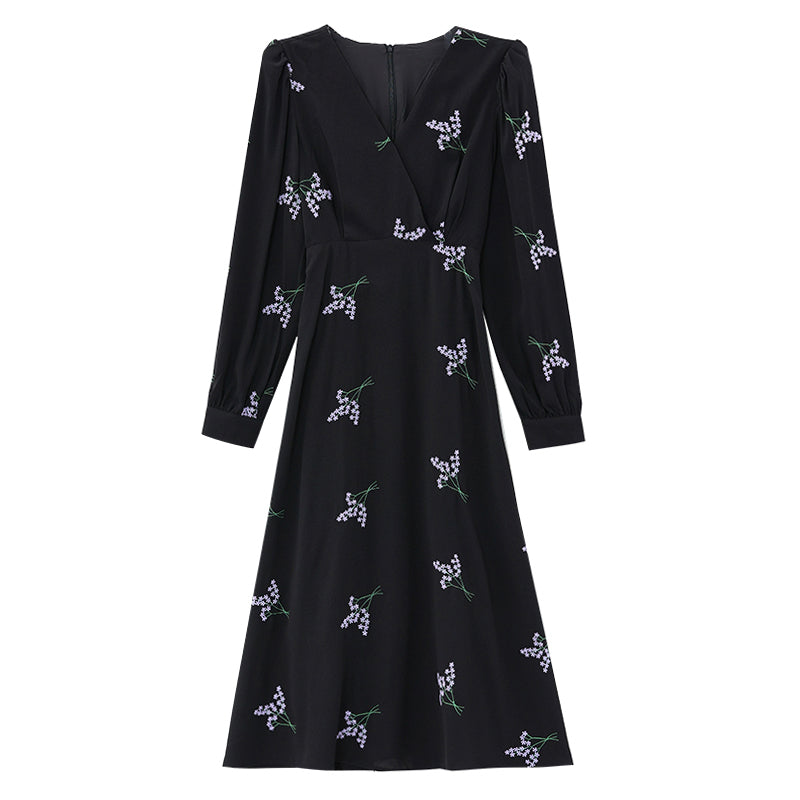CM-DY020272 Women Casual Seoul Style Floral Print V-Neck Long Sleeve High Waist Dress - Black