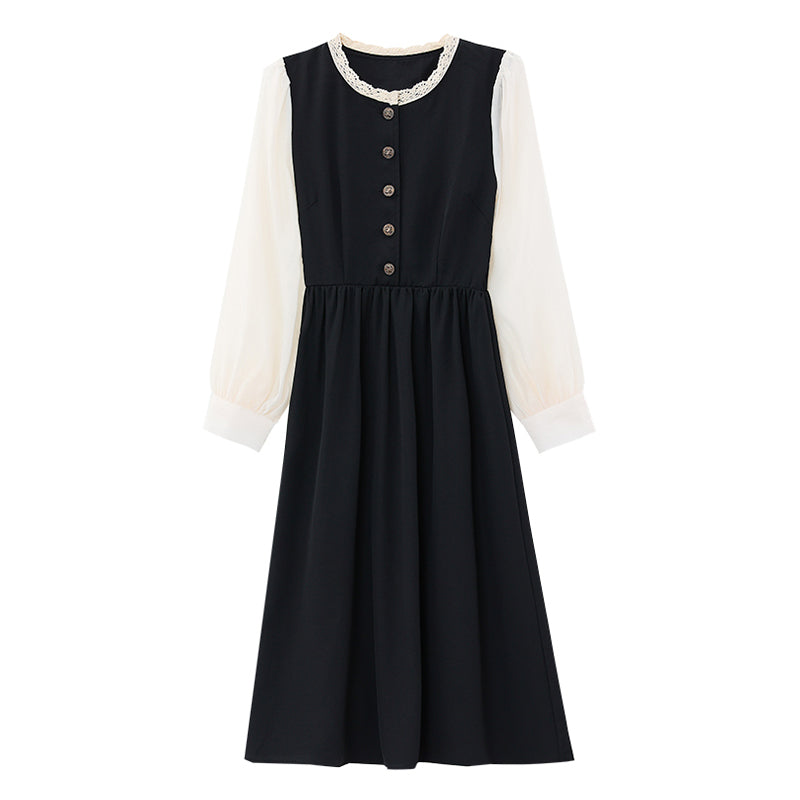 CM-DY021170 Women Elegant Seoul Style Round Neck Puff Sleeve High Waist Velvet Dress - Black