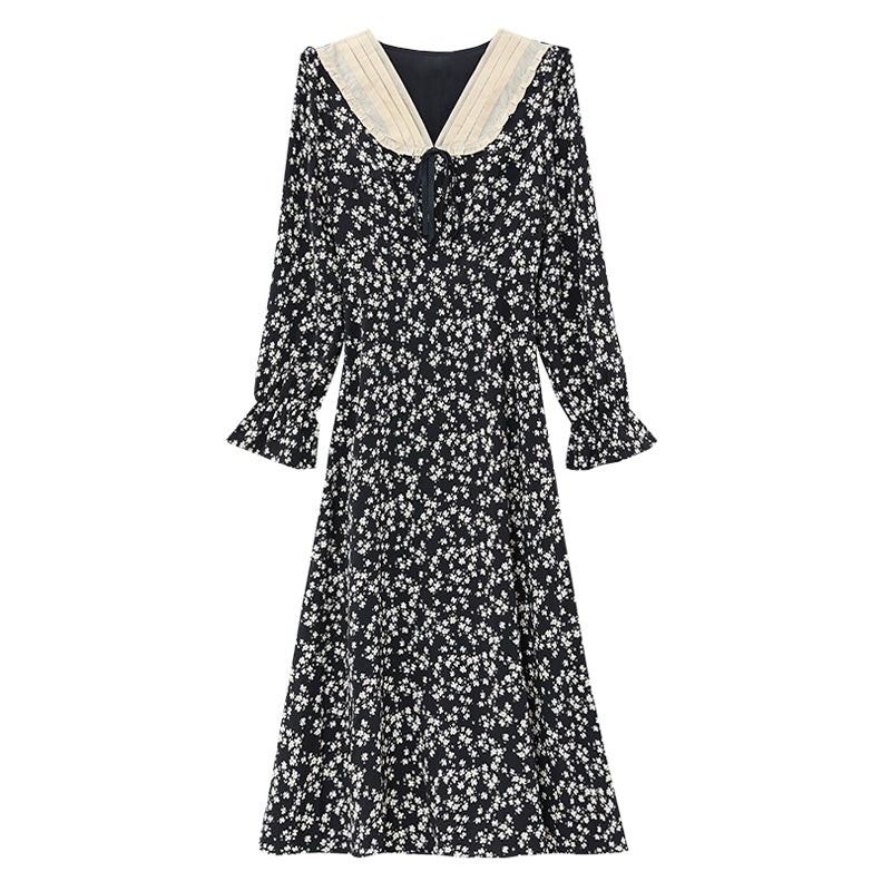 CM-DY021707 Women Casual Seoul Style Floral All-Over Print V-Neck Long Sleeve Midi Dress - Black