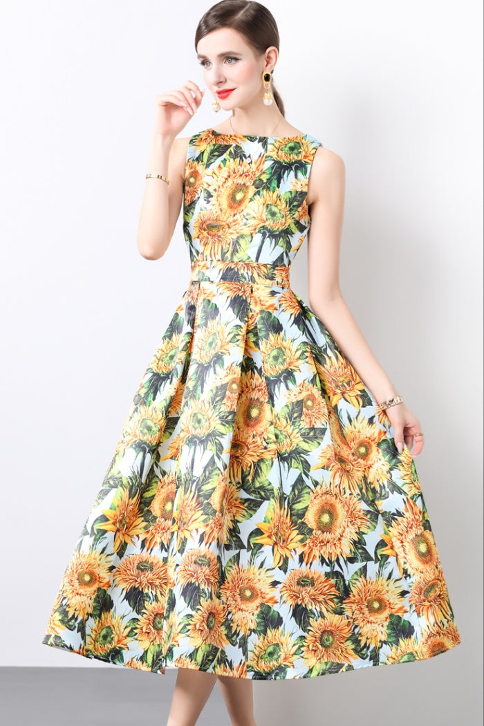 CM-DY022925 Women Elegant European Style Round Neck Sleeveless High Waist A-Line Dress