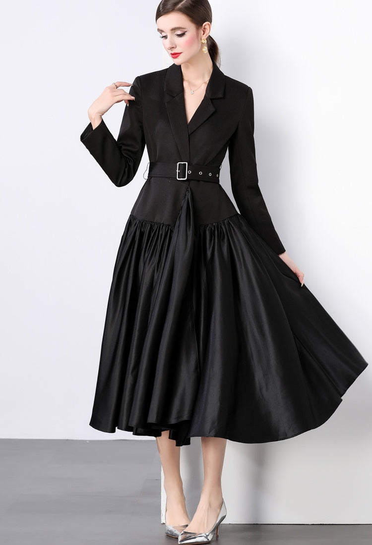CM-DY022930 Women Elegant European Style Collar Neckline Long Sleeve Maxi Dress - Black