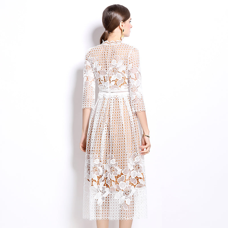CM-DY022935 Women Elegant European Style Lace Long Sleeve Printing Hollow Slim Dress