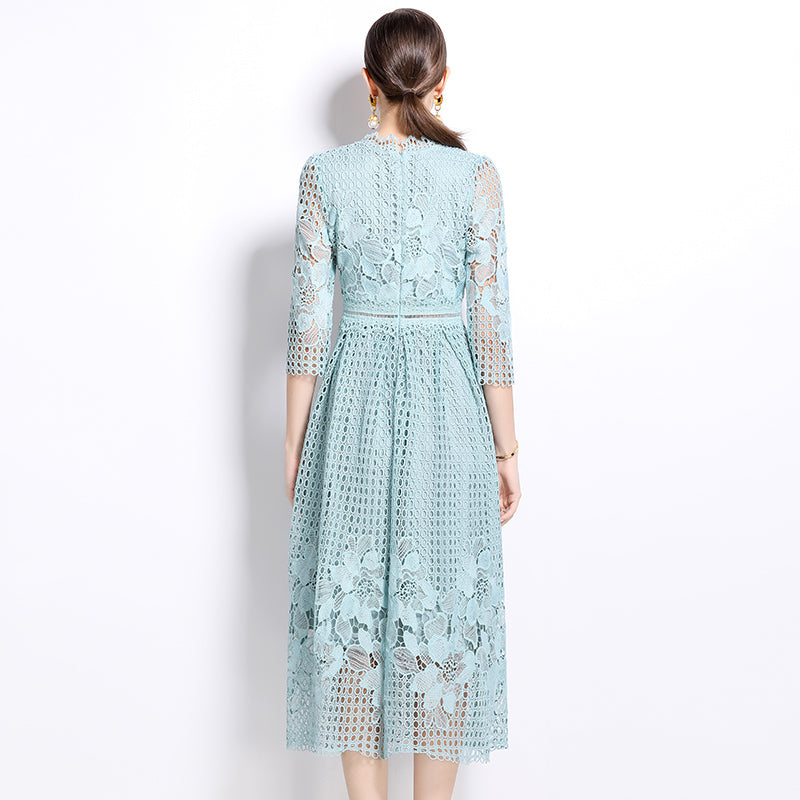 CM-DY022936 Women Elegant European Style Long Sleeve Printing Hollow Lace Slim Dress