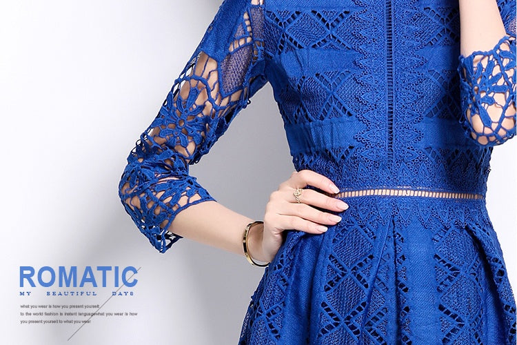 CM-DY022938 Women Elegant European Style Long Sleeve Lace Hollow Slim Printing Dress