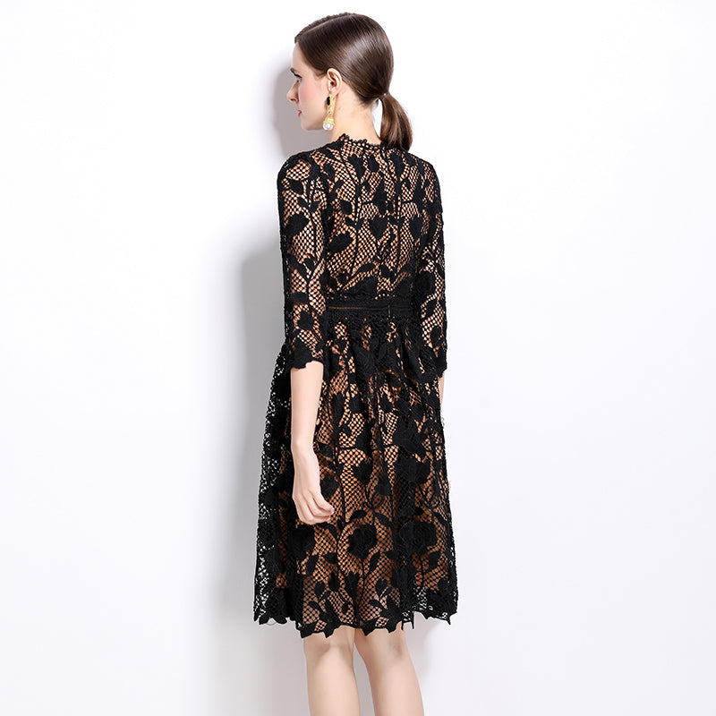 CM-DY022940 Women Elegant European Style Stand Collar Long Sleeve Hollow Lace Slim Dress
