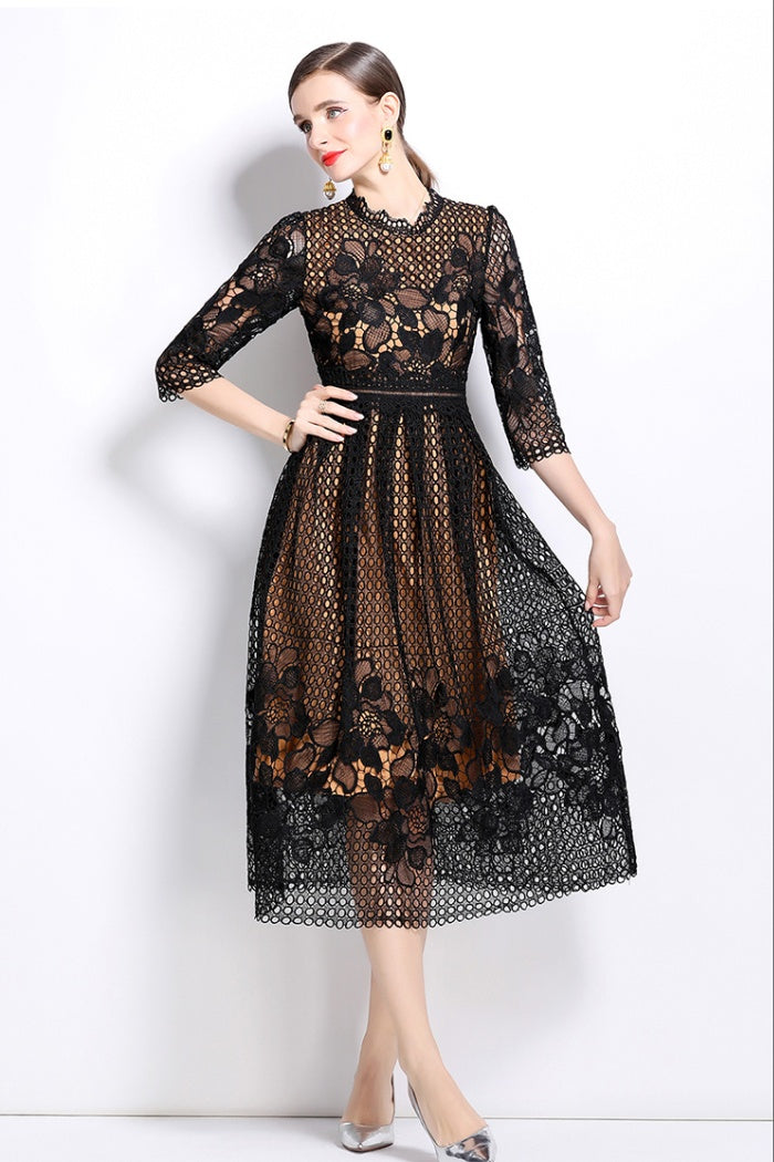 CM-DY022945 Women Elegant European Style Lace Hollow Long Sleeve Slim Midi Dress - Black