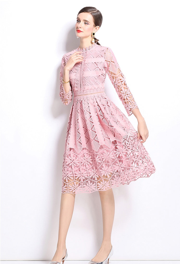 CM-DY022947 Women Elegant European Style Lace Stand Collar Long Sleeve Slim Hollow Dress
