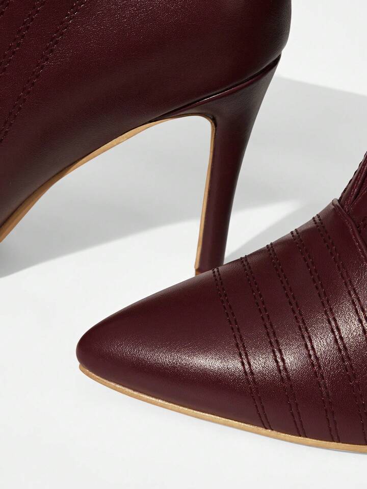 CM-SHS001358 Women Trendy Seoul Style Quilted Line Pointed Toe High Heel Ankle Boots - Burgundy