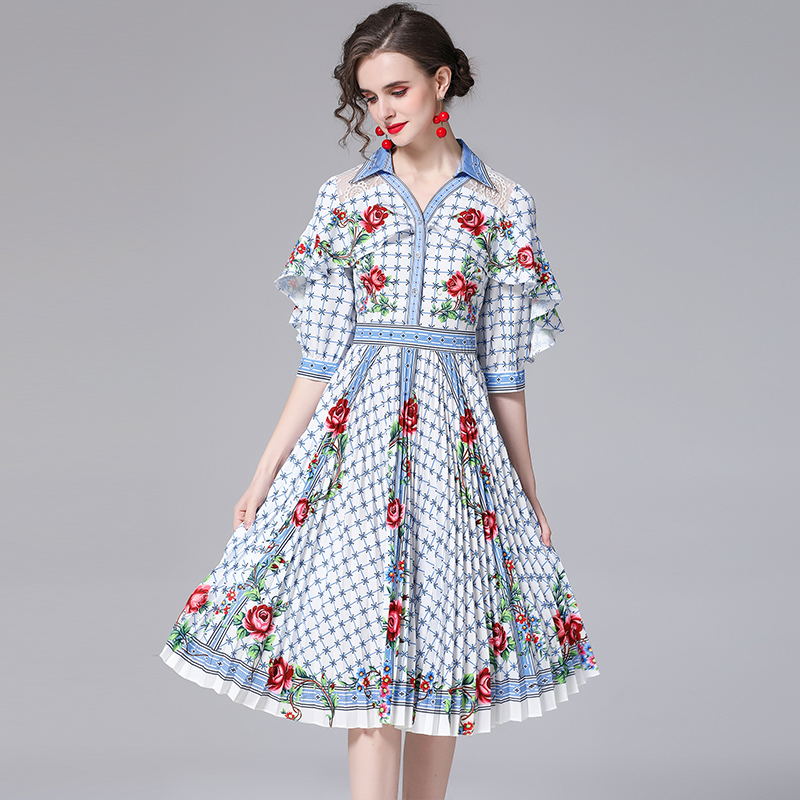 CM-DY023218 Women Elegant European Style Floral Prints V-Neck 3/4 Sleeve High Waist Dress